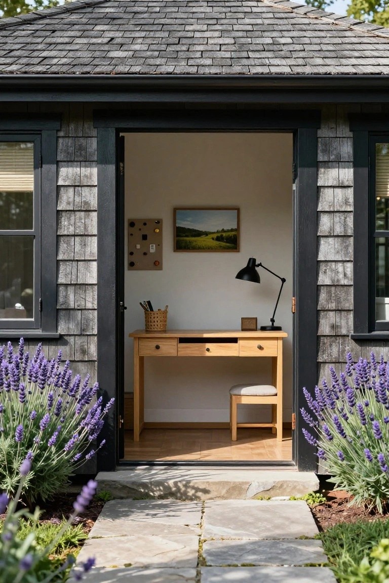 Small shingle-clad backyard office pod with black window and door trim, open doorway showing wooden desk, chair, lamp, and corkboard inside, flanked by lavender bushes along a stone path.