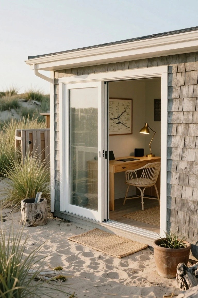Small shingled backyard office pod with open white sliding glass doors revealing wooden desk, rattan chair, brass lamp, and wall art inside, set on sand amid beach grass, potted plants, and driftwood pots.