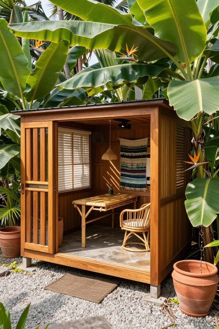 Small open-sided wooden office pod in a tropical garden surrounded by large banana leaves and bird of paradise plants, featuring a bamboo table, rattan chair, woven wall hanging, and terracotta pots.
