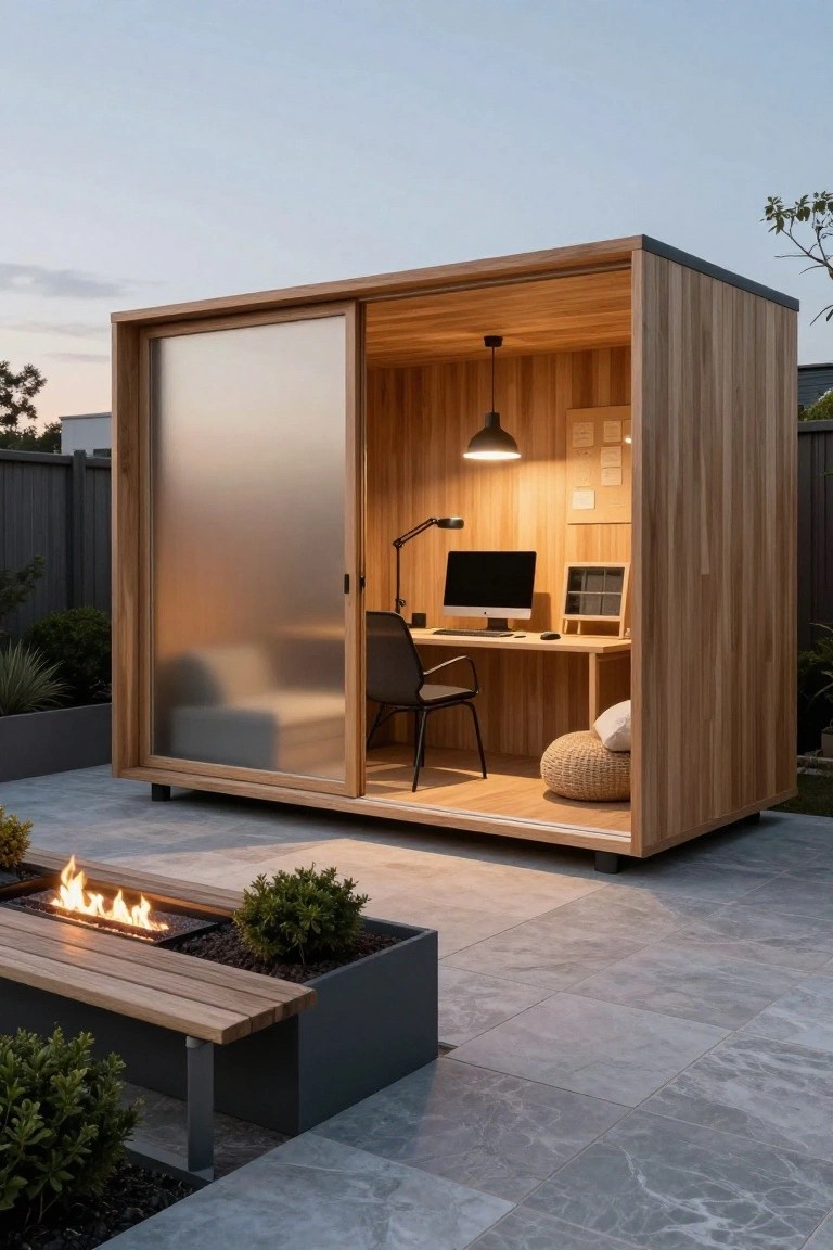 Wooden rectangular backyard office pod with frosted glass sliding door open to reveal desk, chair, computer, and lamp inside, positioned on paved patio next to linear gas fire pit bench and plants.