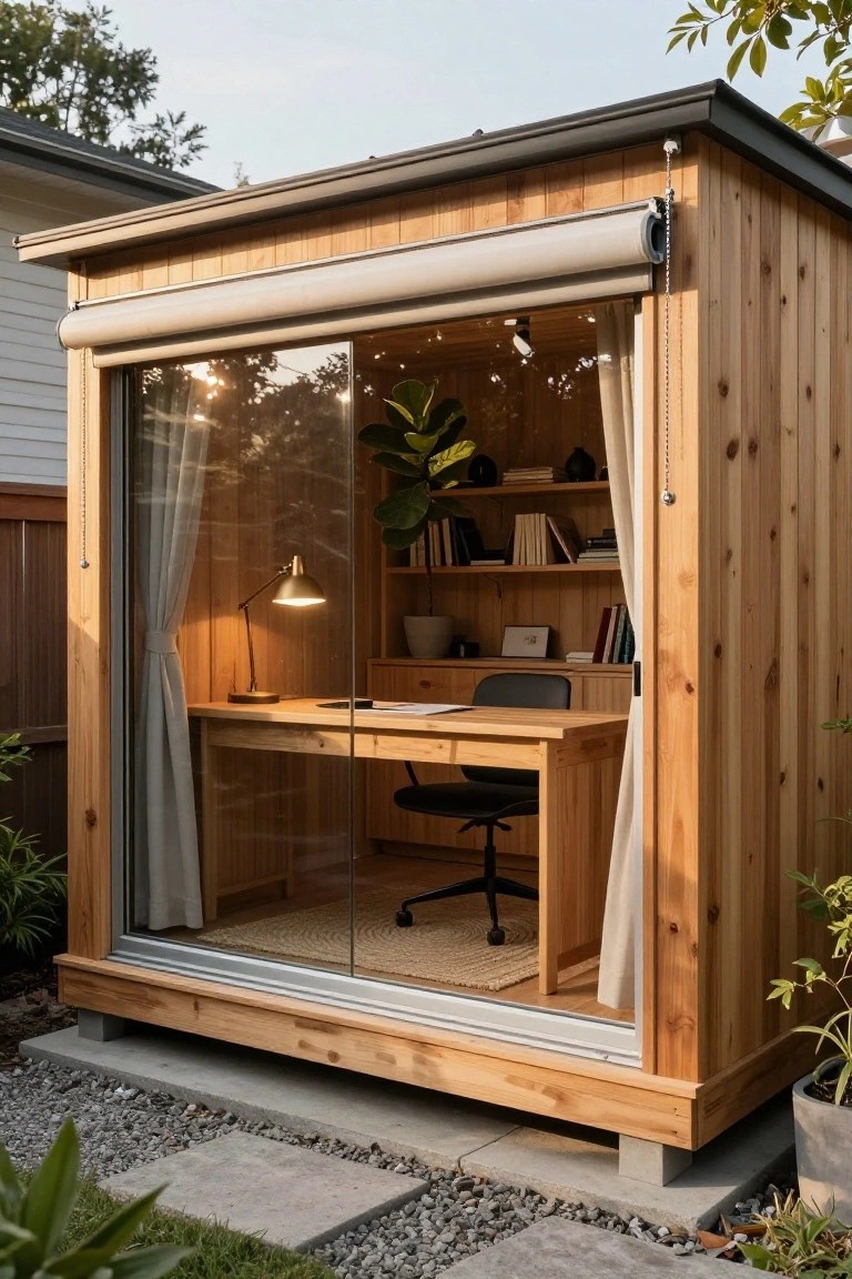 Small elevated wooden backyard office pod with light beige roller blind, white curtains, and large sliding glass doors revealing interior desk, chair, lamp, plants, and shelves, surrounded by gravel path and garden plants.