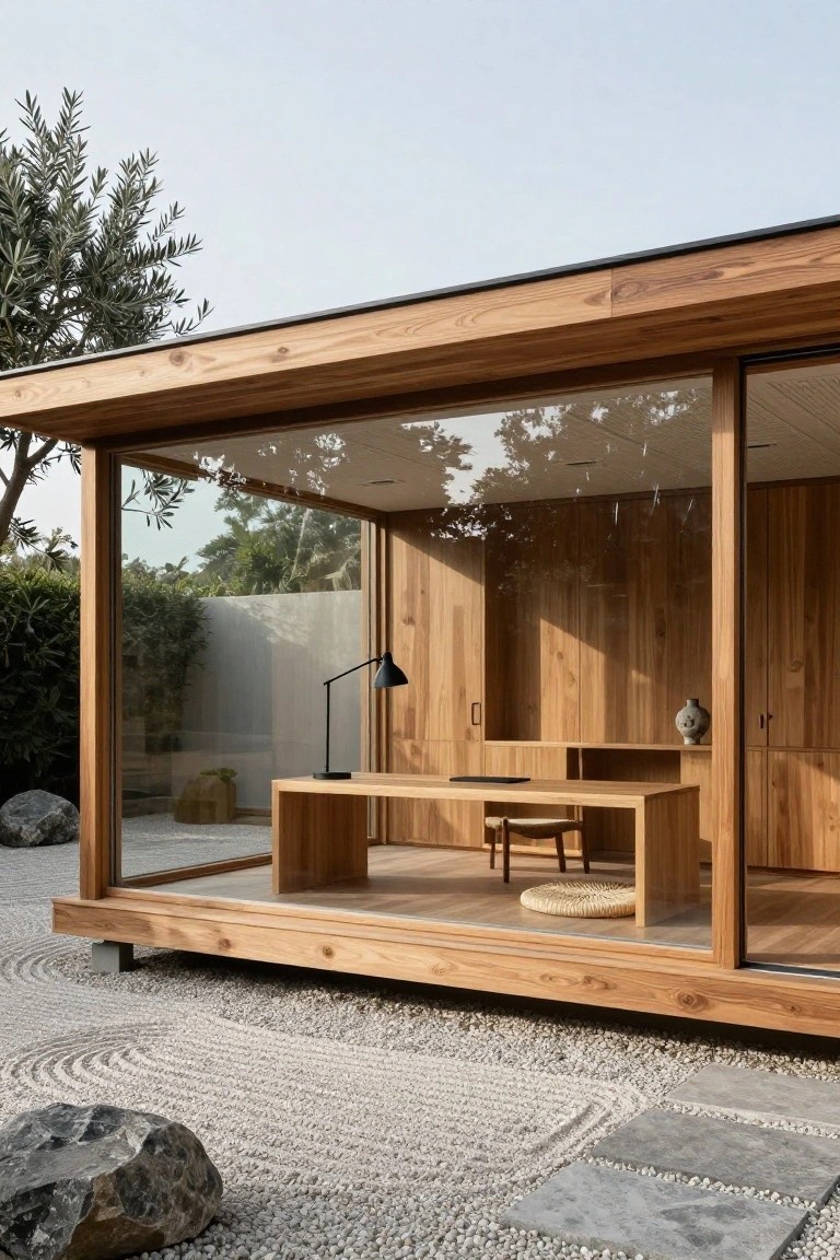 Wooden pavilion-style office pod with large glass walls and a desk inside, elevated on a platform over raked white gravel and rocks in a Zen garden, with trees and hedges in the background.