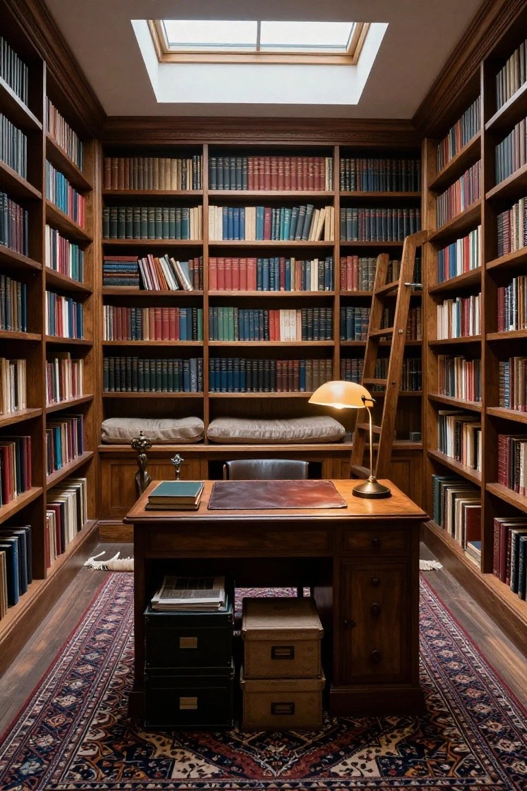 Wood-paneled square library room with floor-to-ceiling bookshelves filled with books, wooden ladder, desk with lamp and papers, cushioned bench, skylight overhead, and patterned rug on floor.
