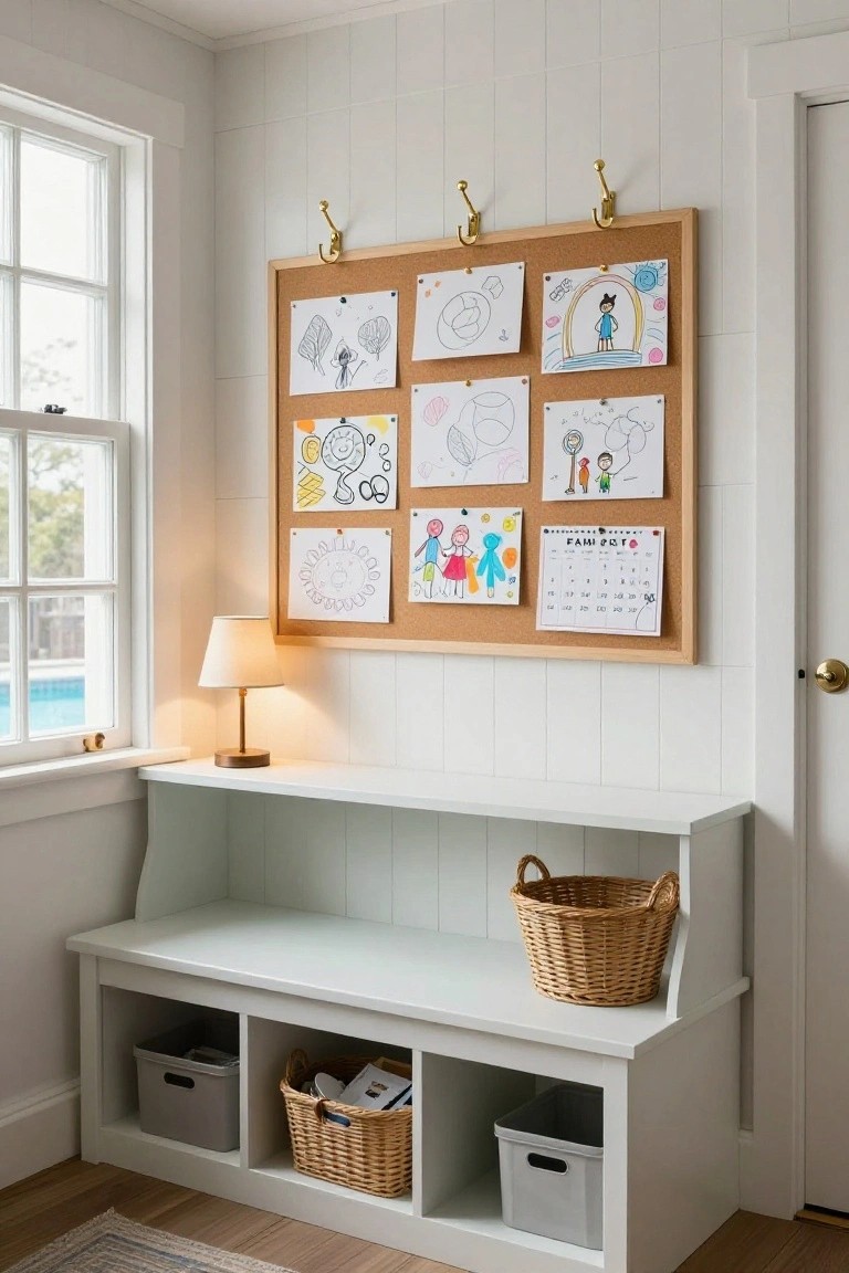 White shiplap-walled room corner featuring a corkboard with children's drawings and calendar, a built-in white bench with storage cubbies holding baskets and bins, a table lamp on a shelf, and a window overlooking an outdoor pool.