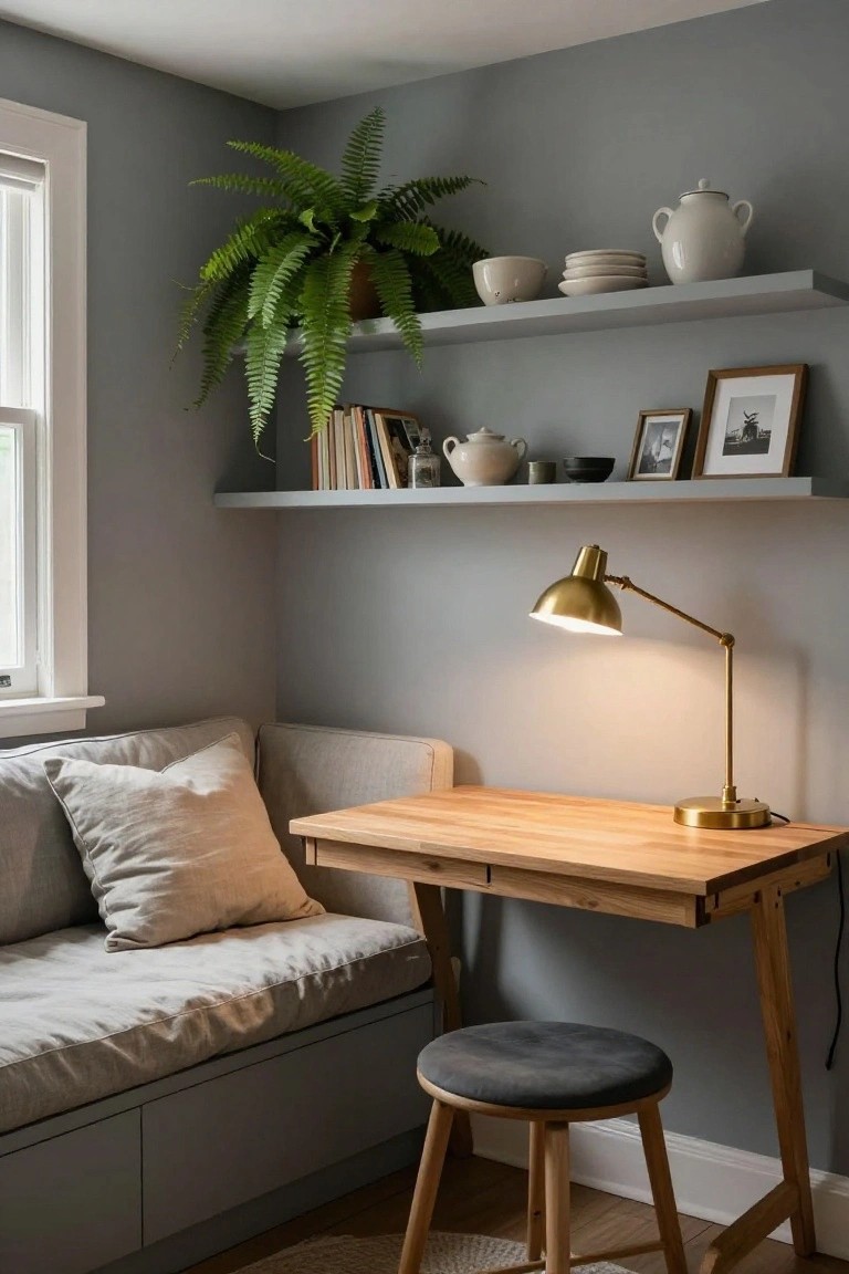 Gray corner room featuring a built-in light gray bench with beige cushions, wooden desk, gray cushioned stool, brass desk lamp, floating shelves with books ceramics and photos, and a large potted fern plant near the window.