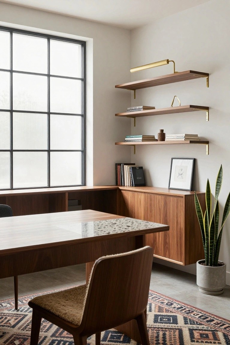 Corner home office with walnut wood built-in L-shaped desk and cabinets, floating wood shelves with books and decor, large black-framed window, snake plant in gray pot, rattan chair with sheepskin cushion, and patterned rug on floor.