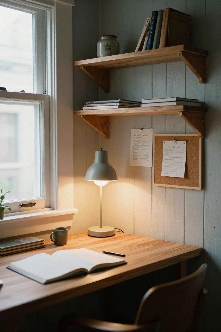 Cozy corner home office featuring a wooden desk with open notebook, pens, mug, and stacks of books nearby, overhead wooden shelves holding books and a jar, lit desk lamp, corkboards on gray paneled wall, and window with plant.