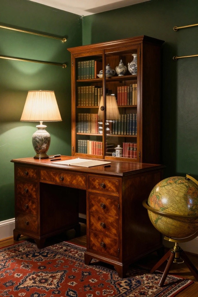 Emerald green walls in a home office with wooden desk, open bookcase filled with books and porcelain vases, two shaded lamps, brass curtain rods, globe stand, and red patterned rug.
