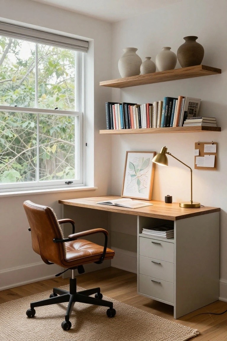 Home office featuring a light wood desk with leather chair positioned next to a large window with sheer blinds overlooking green trees, floating oak shelves above holding books and ceramic vases, and a gold desk lamp on the desk.