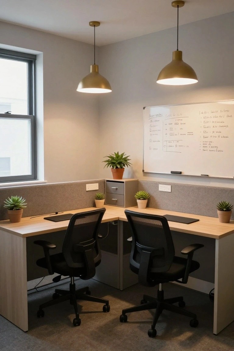 Compact home office corner with two light wood desks in L-shape configuration, black mesh office chairs, several potted succulents and ferns on desks and shelves, whiteboard with handwritten notes, gold pendant lights hanging above, neutral walls, and a small window.