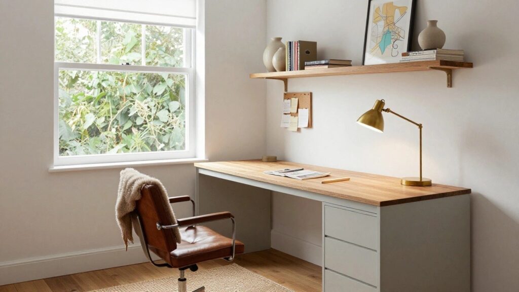 Home office featuring a light wood desk with leather chair positioned next to a large window with sheer blinds overlooking green trees, floating oak shelves above holding books and ceramic vases, and a gold desk lamp on the desk.