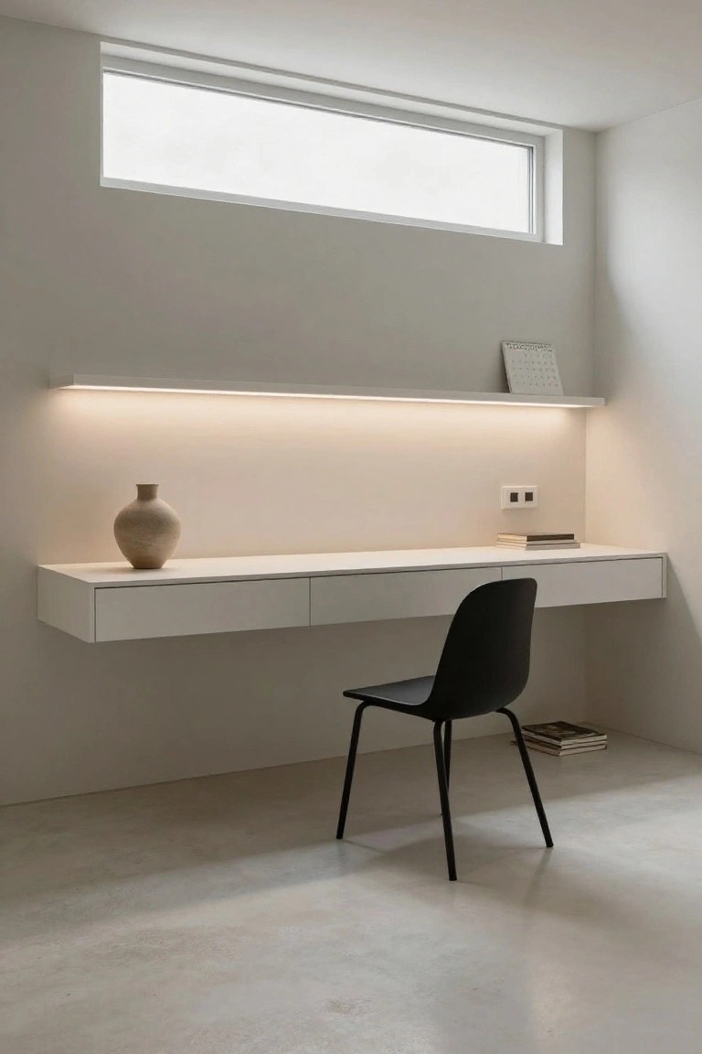 Minimalist basement office with white floating wall-mounted desk and shelf lit by warm LED strip underneath, black molded chair, beige ceramic vase, books, electrical outlets, and narrow clerestory window above.
