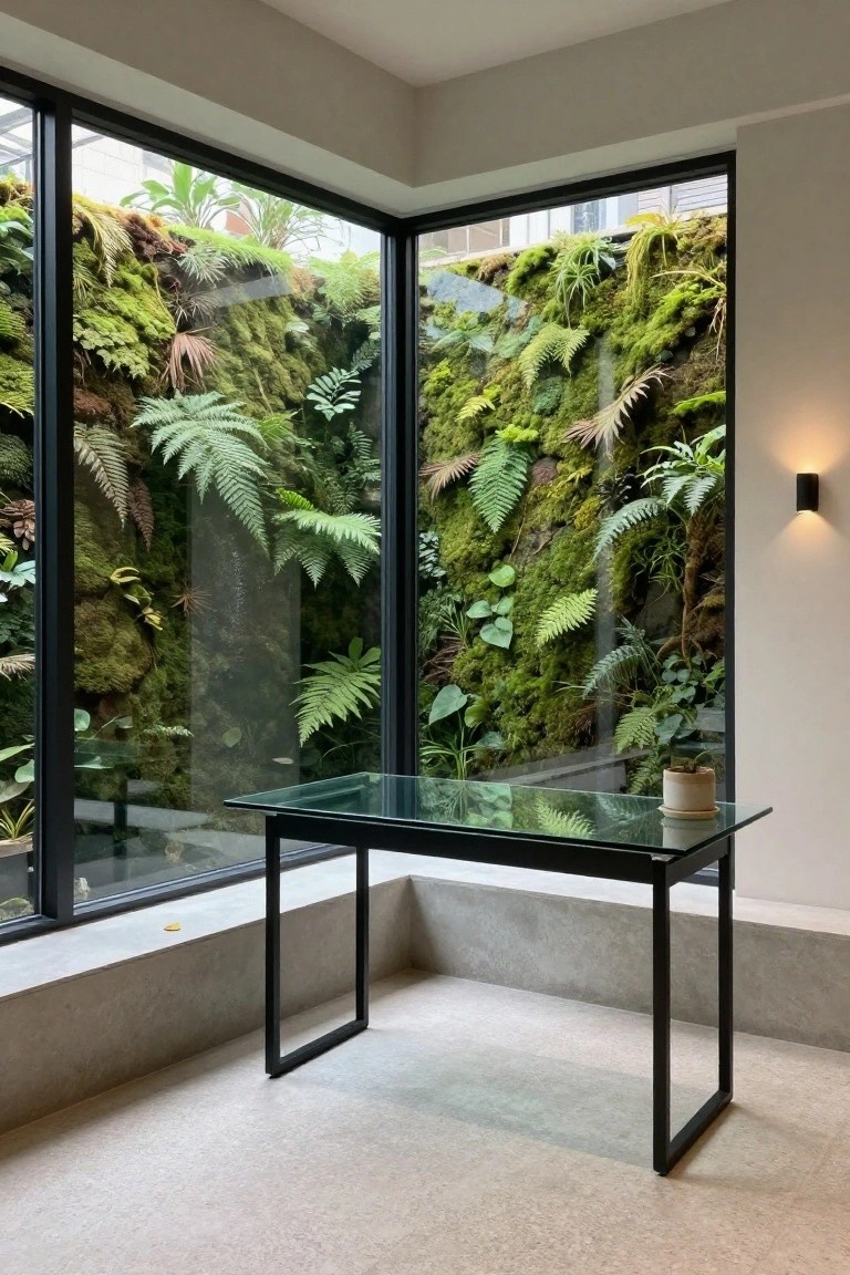 Minimalist basement office corner with black metal and glass desk on polished concrete floor, facing large frameless windows revealing a dense vertical green wall of ferns, moss, and tropical plants.