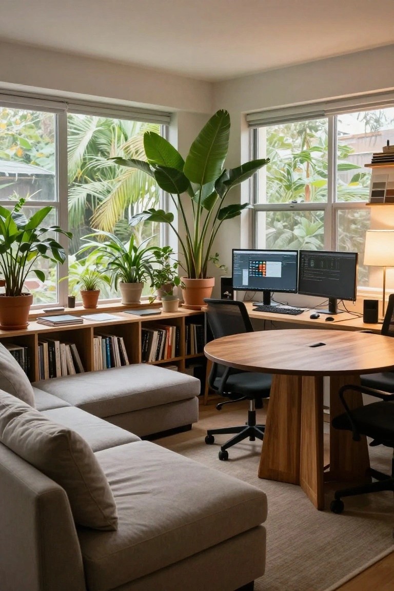 Corner home office with dual computer monitors on a desk by large windows filled with indoor plants, a round wooden table with chairs, gray modular sofa, and wooden bookshelves.