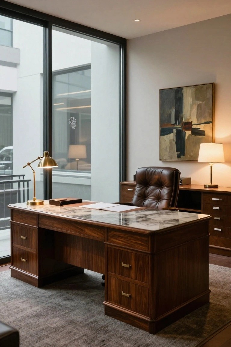 Home office with polished wooden desk topped in marble, brown leather tufted chair, brass adjustable lamp, side credenza, abstract painting on wall, and large floor-to-ceiling windows showing exterior view.