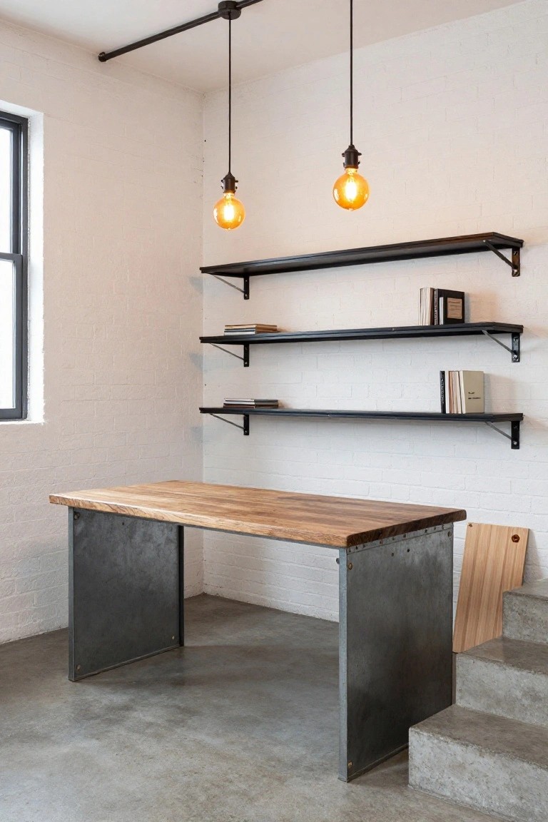 Basement office with a rectangular wooden desk on tall metal legs, black metal shelves on white brick walls holding books, two pendant lights overhead, a window, and concrete steps beside the desk.