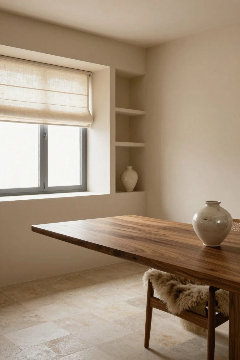 Minimalist beige interior room featuring a cantilevered wooden table with a shearling-draped wooden chair, linen roman shades on a window, built-in shelves with ceramic vases, a vase on the table, and light travertine tile floor.
