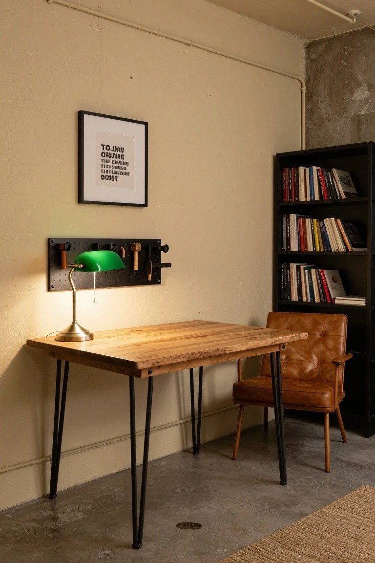 Basement office with light wooden desk on black metal legs, tan leather chair, black pegboard wall mounted with green-shaded brass lamp, tools, black bookshelves full of books, and a black-framed poster on beige wall.