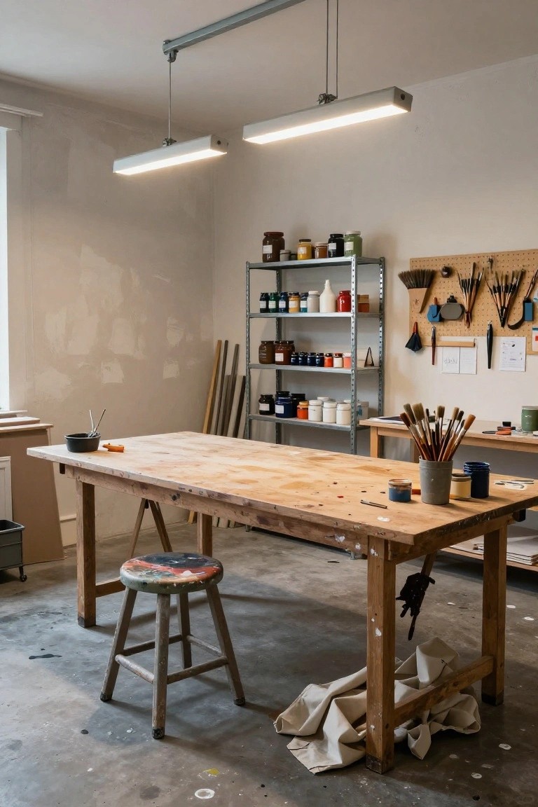 Artist's studio interior with wooden workbench and stool, metal shelves holding paint jars and cans, pegboard wall with hanging brushes and tools, overhead linear lights, and concrete floor with paint splatters.