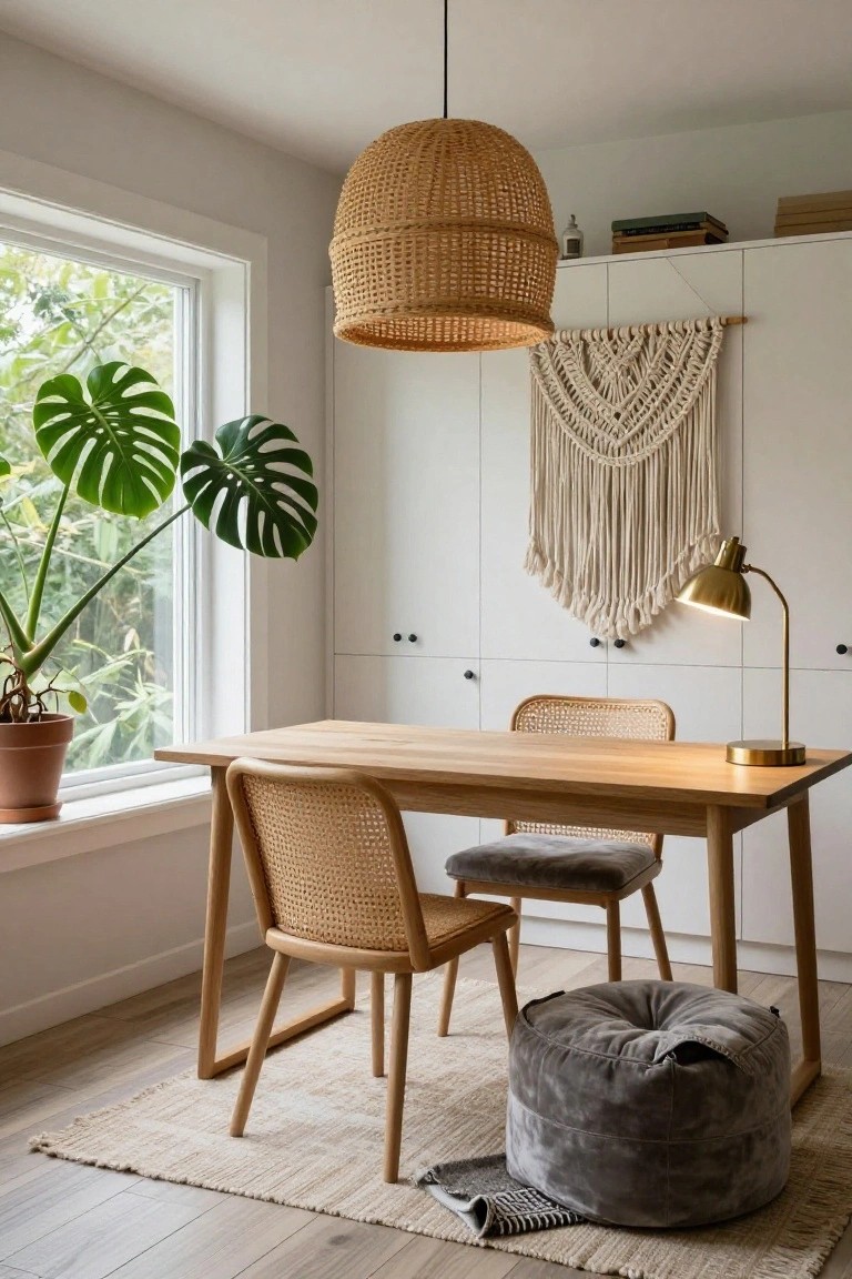 Home office with light wood desk, two rattan chairs, gray velvet pouf, large monstera plant by window in terracotta pot, macrame wall hanging on white cabinets, brass desk lamp, and woven rattan pendant light.