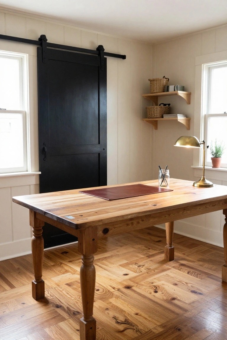Corner office room with light shiplap walls, black sliding barn door, wooden desk with leather blotter and mason jar pencils, brass banker's lamp, potted plant, shelves with baskets, and wood plank floors.