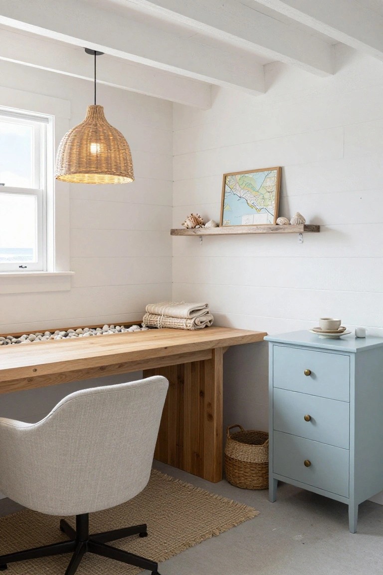 Small interior home office with white shiplap walls and ceiling beams, wooden desk recessed with white pebbles underneath, beige swivel chair, rattan pendant lamp, blue chest of drawers, woven baskets, framed coastal map and seashells on a wooden shelf, and window showing ocean view.
