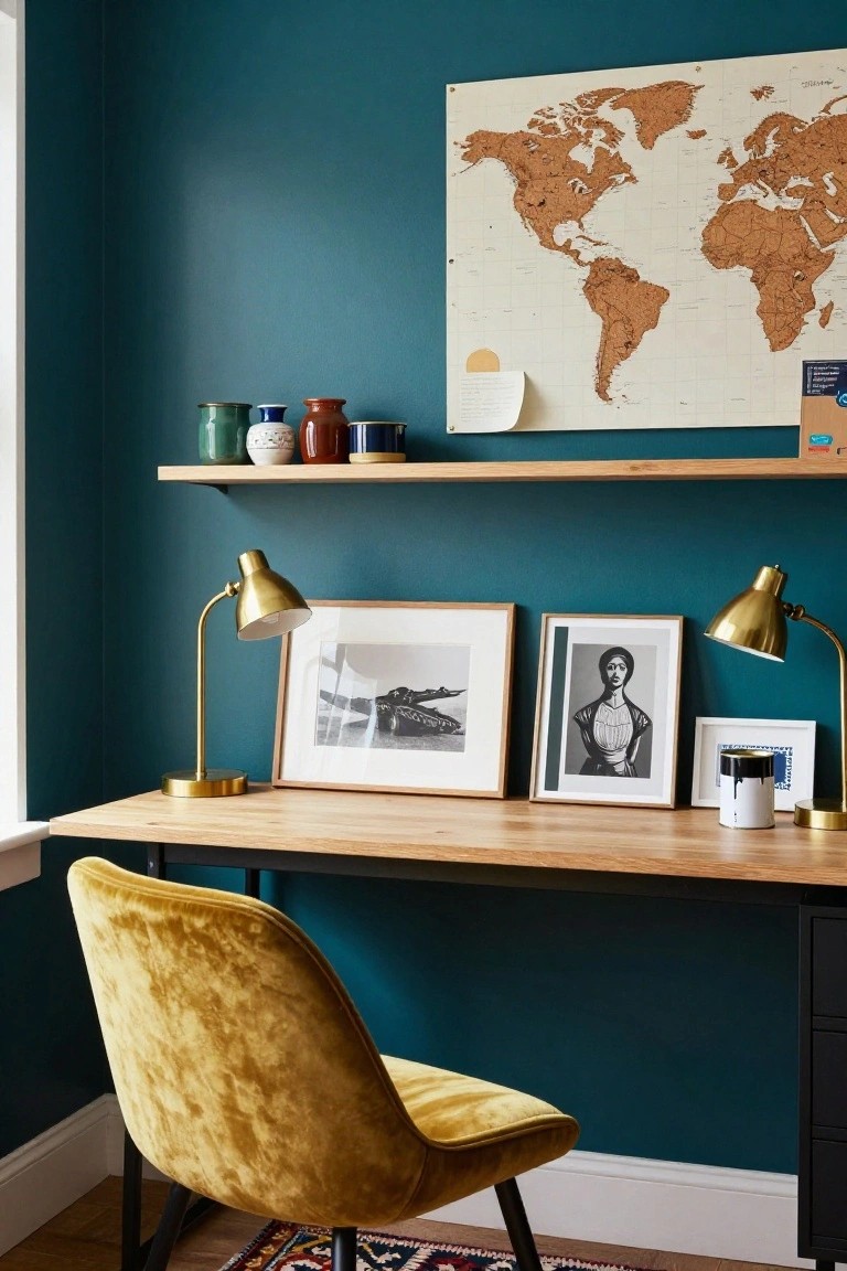 Home office featuring teal walls, wooden floating shelves with pottery, cork world map, framed black-and-white photos, oak desk with brass lamps and white mug, and yellow velvet desk chair.