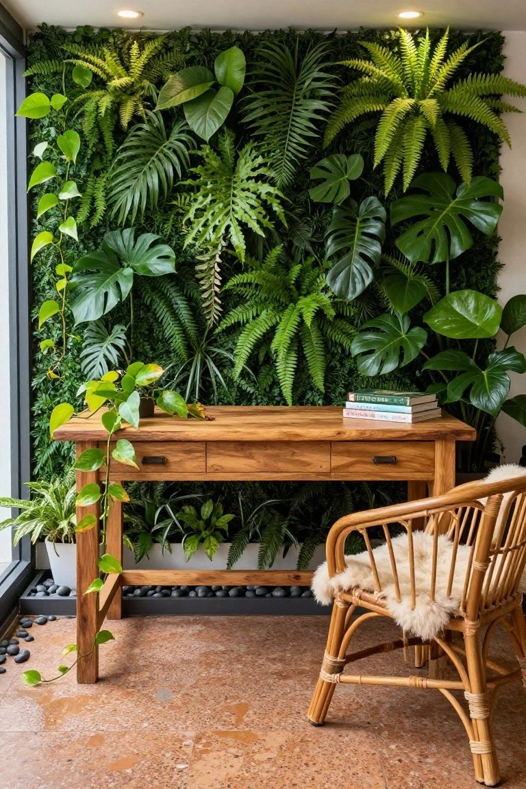Wooden desk with books, potted plant, and drawer pulls positioned against a large vertical wall of tropical green plants including monstera and ferns, with rattan chair on terracotta floor nearby.