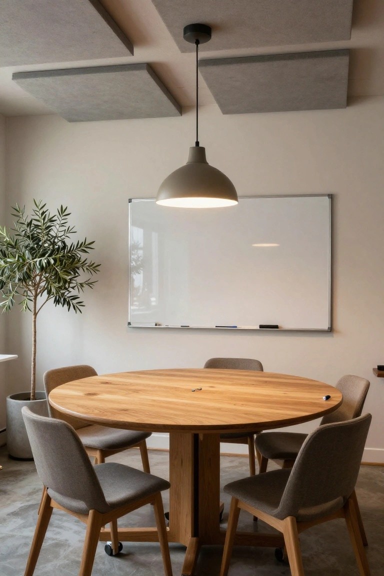 A basement office with a round oak table, four grey upholstered chairs, a blank whiteboard on the wall, potted olive tree, pendant lamp, and grey acoustic ceiling panels over a polished concrete floor.