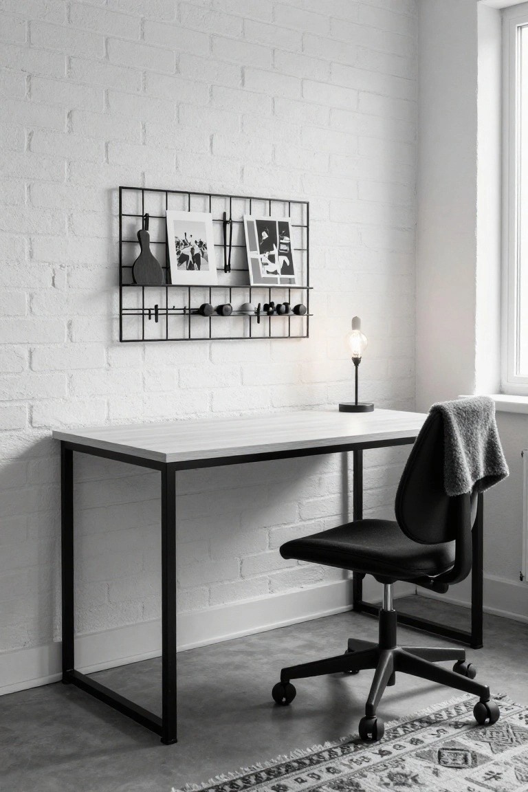 A minimalist basement office featuring exposed white brick walls, a white-topped black metal desk, black office chair with gray blanket draped over it, black desk lamp, and black metal grid wall organizer with photos and accessories.