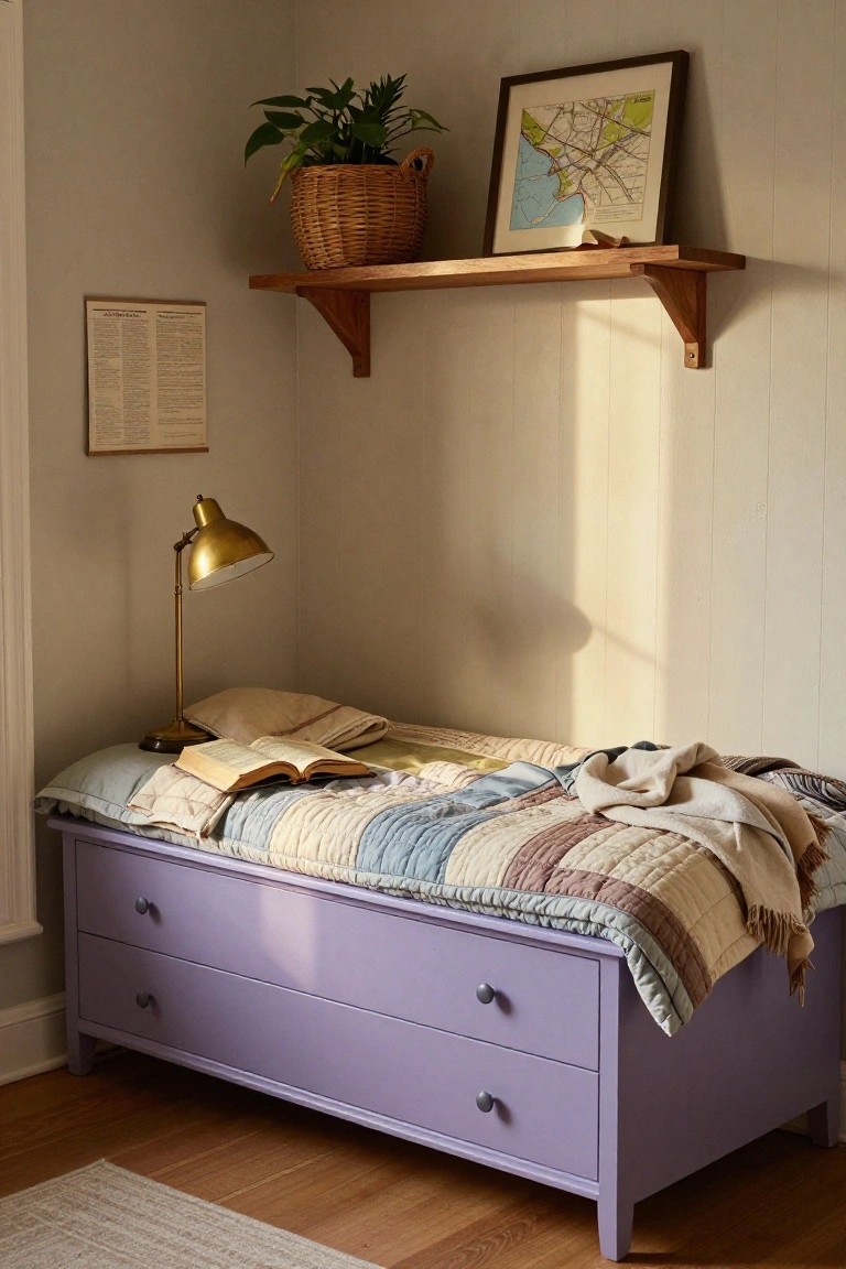 Cozy bedroom corner with lavender storage bed, quilt, gold lamp, and wooden shelf.