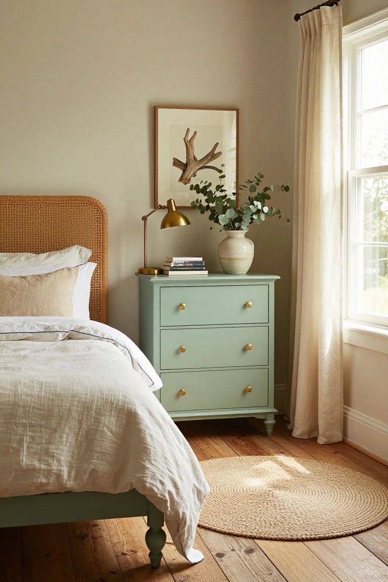 A bedroom scene showing a three-drawer dresser painted in soft green with brass knobs, topped with books, a lamp, and a vase of greenery next to a bed with white linens.