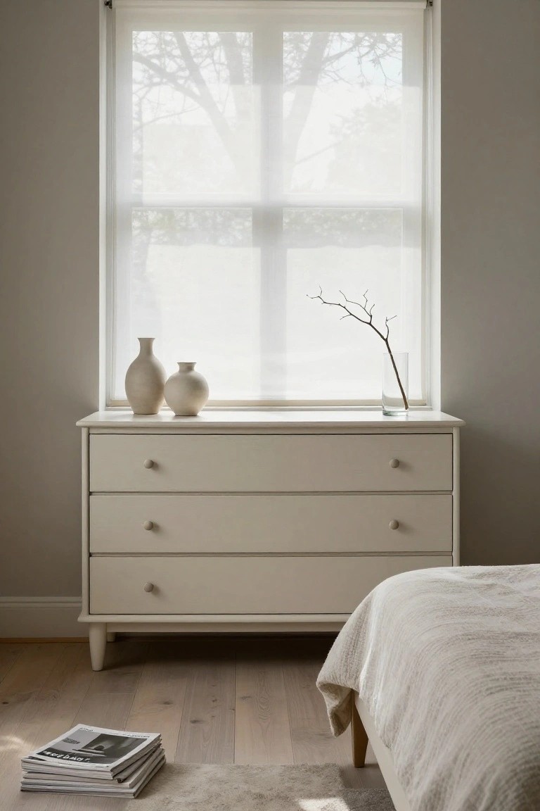 Minimalist bedroom with cream dresser, vases, and soft natural light.