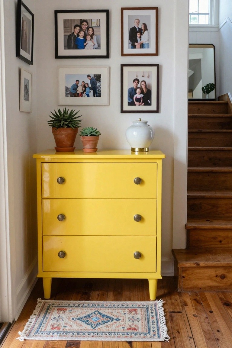 A bright yellow painted dresser with round knobs sits in a hallway under several framed family photos, with two potted succulents and a white vase on top.