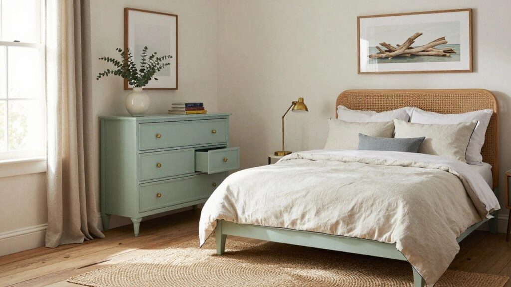 A bedroom scene showing a three-drawer dresser painted in soft green with brass knobs, topped with books, a lamp, and a vase of greenery next to a bed with white linens.