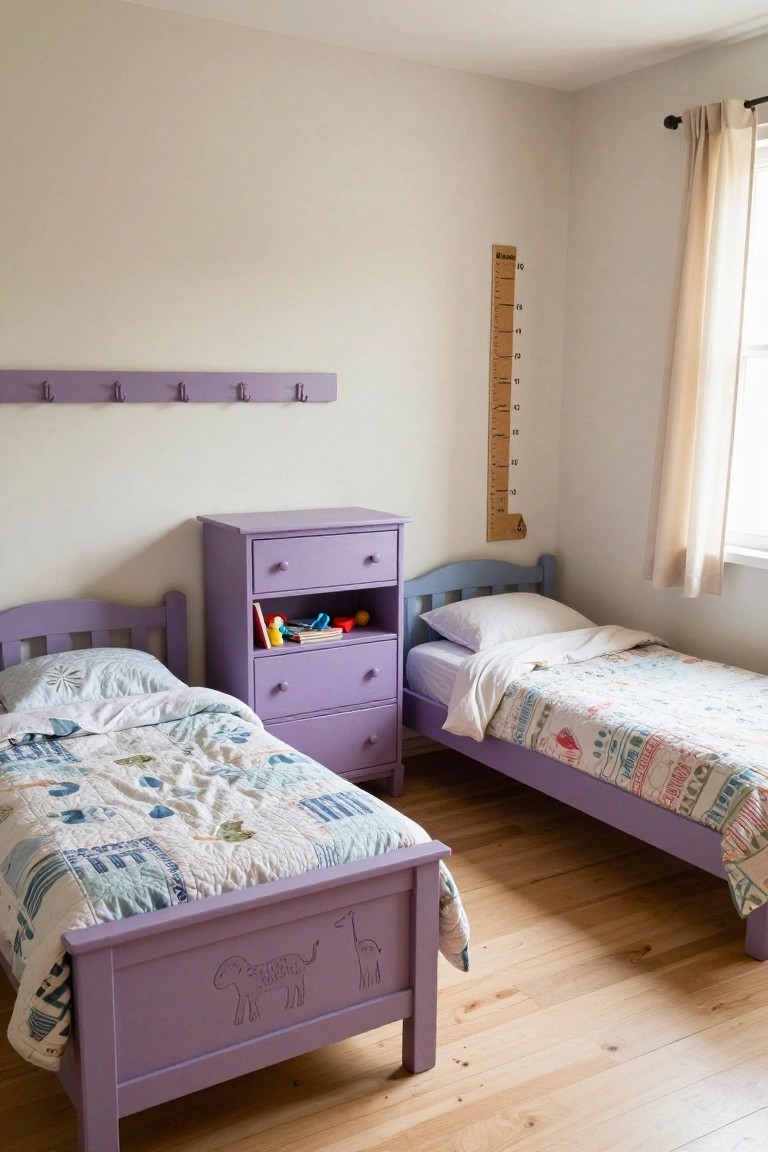 Purple twin beds and dresser in a bright kids' bedroom with wooden floors.