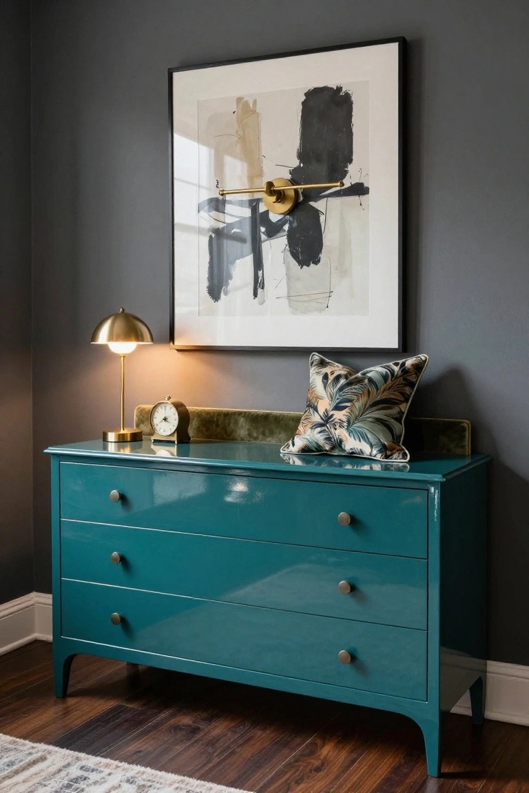 Teal dresser with abstract art, brass lamp, and patterned pillow.