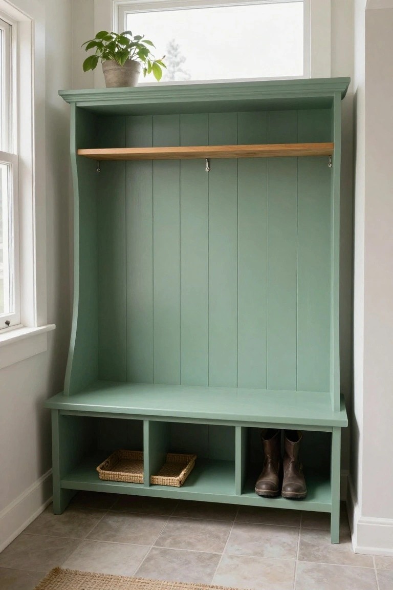 Mint green entryway bench with hooks, cubbies, and brown boots.