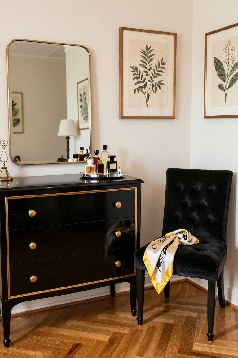 A black dresser with gold trim and knobs holds perfume bottles on a tray beneath a gold-framed mirror, beside a black velvet chair with a patterned scarf.