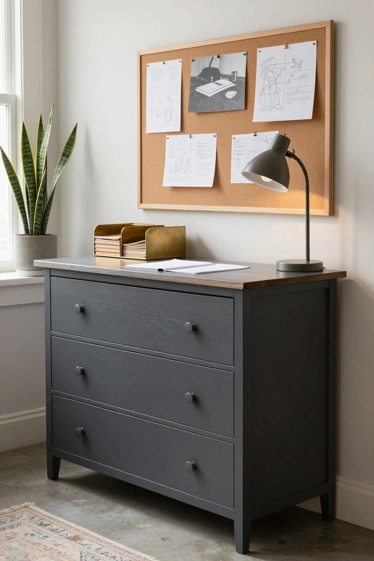 Gray three-drawer dresser with desk lamp, corkboard, and snake plant nearby.