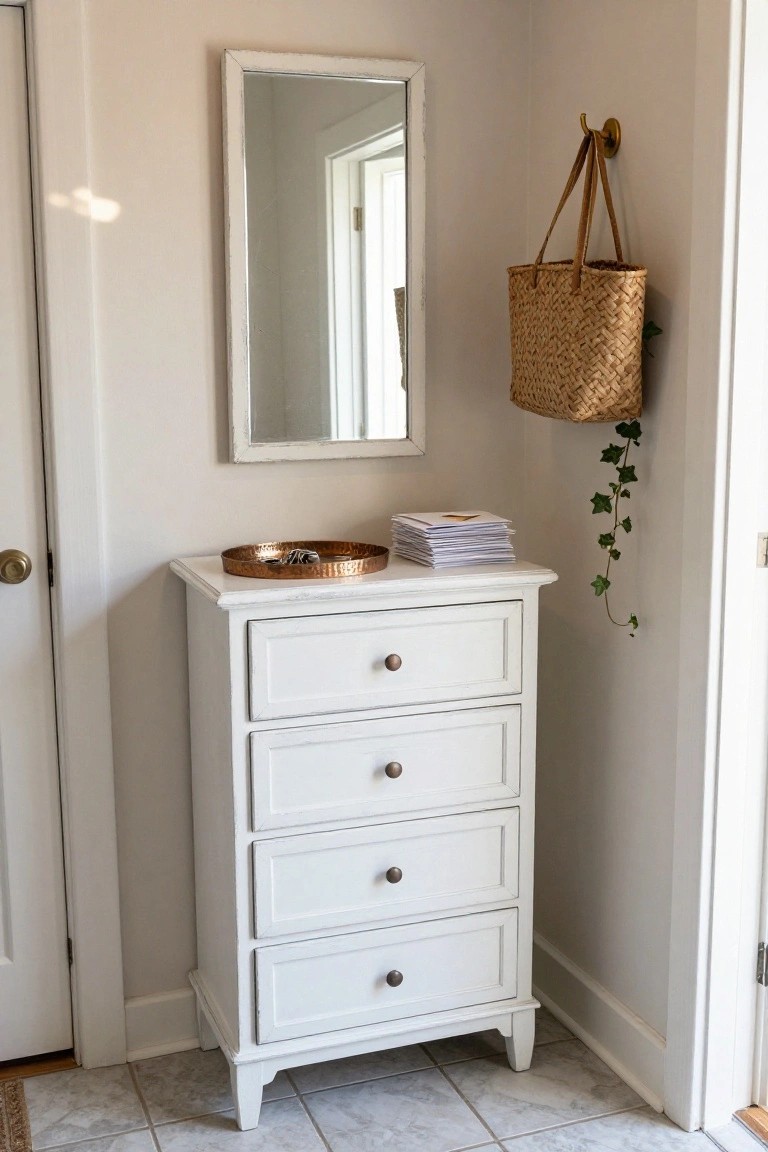 A white painted wooden dresser with four drawers and round knobs stands against a wall beneath a mirror, with a woven basket hanging on the adjacent wall.