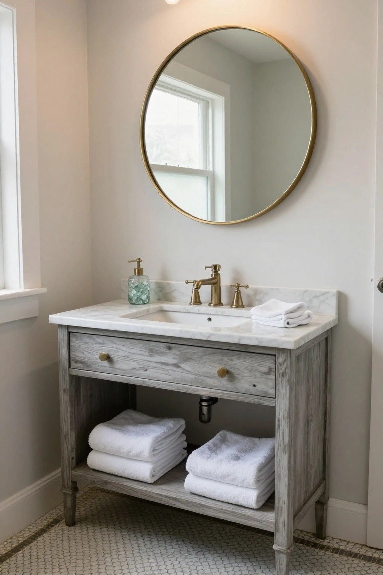 Elegant bathroom vanity with round gold mirror and white marble countertop.