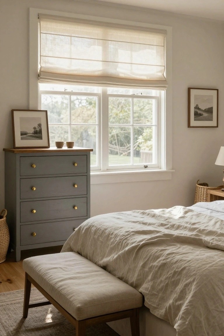 A gray painted dresser with gold knobs sits under a window beside a bed with rumpled white bedding in a light bedroom.