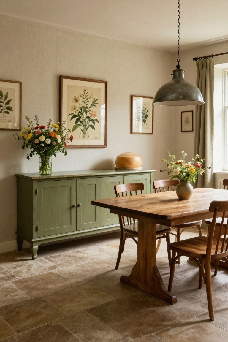 A dining room with a long green painted sideboard holding two vases of flowers and topped by framed botanical prints, next to a wooden table with spindle-back chairs.
