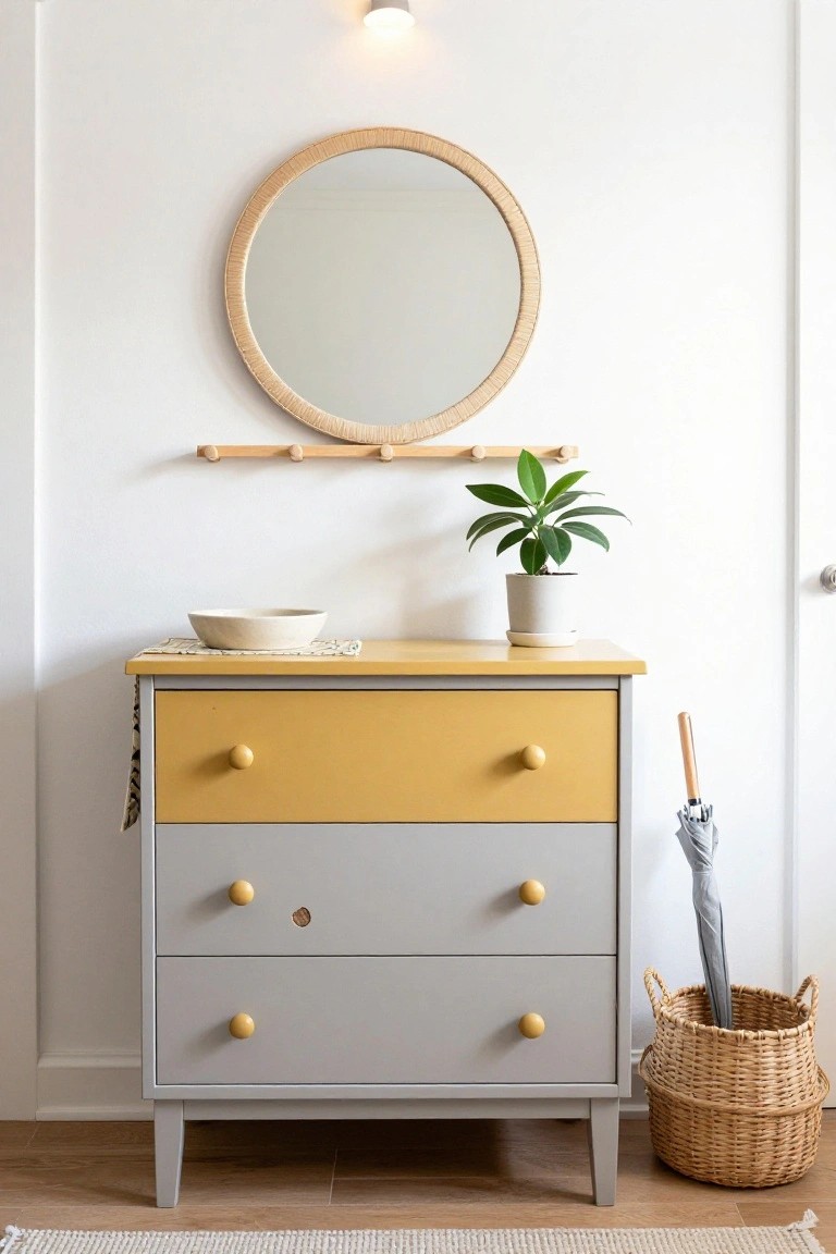 Yellow and gray dresser with round mirror, plant, and umbrella basket.