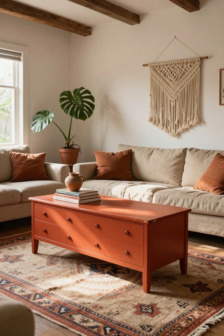 Cozy living room with terracotta coffee table, beige sofa, and macramé wall hanging.