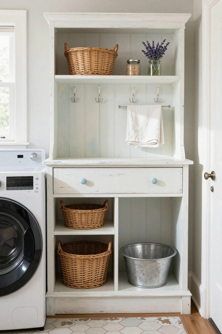 White distressed hutch with baskets, towels, and washing machine nearby.