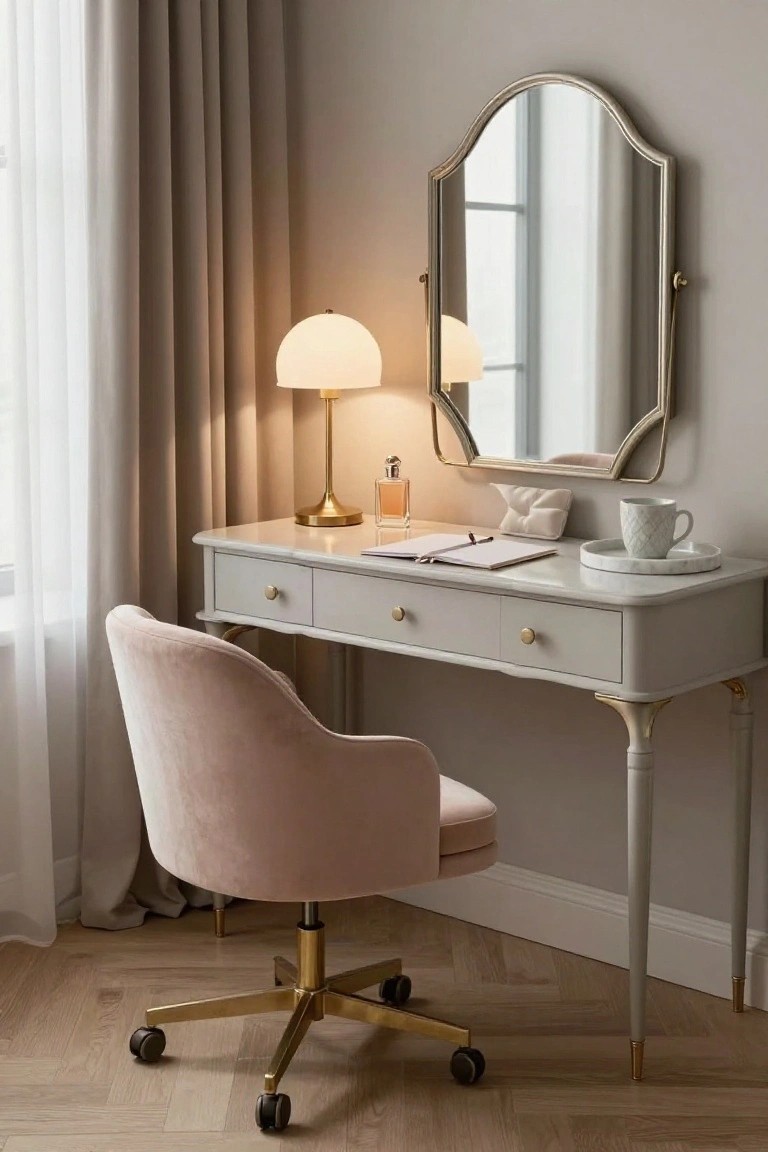 Blush pink upholstered swivel chair with gold base and casters at a white curved-leg desk topped with notebook, lamp, perfume bottle, and saucer, arched mirror above, beige curtains on window, herringbone wood floor.