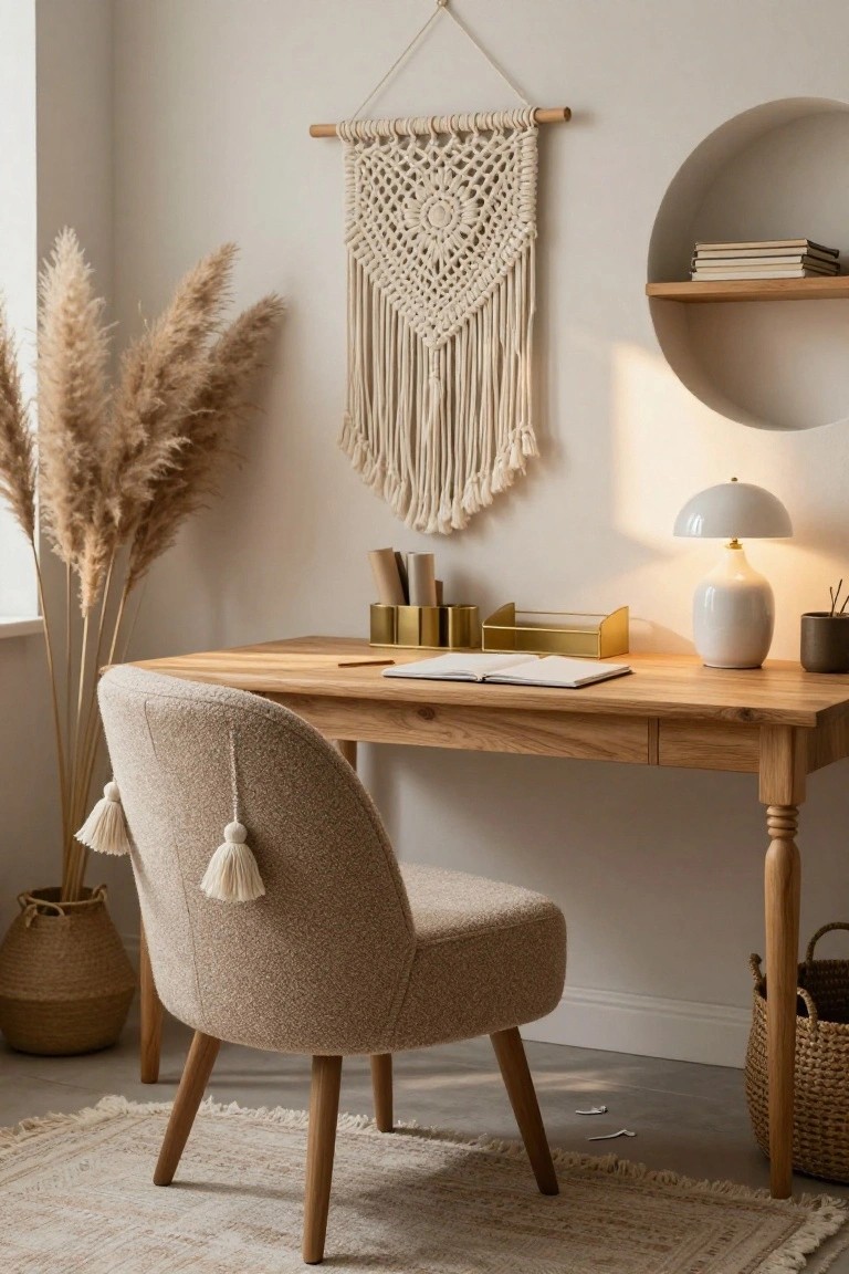 Minimalist wooden desk with open notebook, textured chair, and macramé wall hanging.