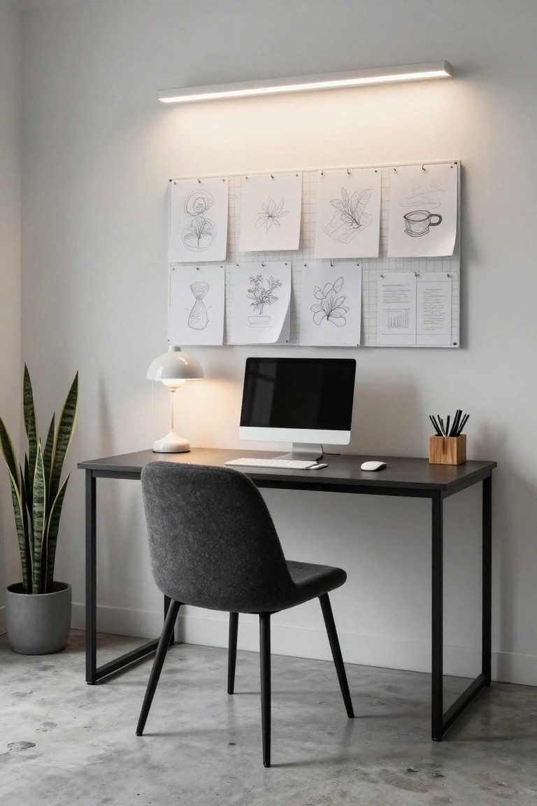 Modern home office featuring a black metal desk with an iMac, white desk lamp, wooden pencil holder, gray boucle fabric chair, snake plant in gray pot, and white sketches pinned to a bulletin board on a light wall under linear ceiling light.